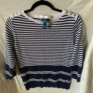 Karen Scott Navy and White Striped Sweater with Button Details size L
